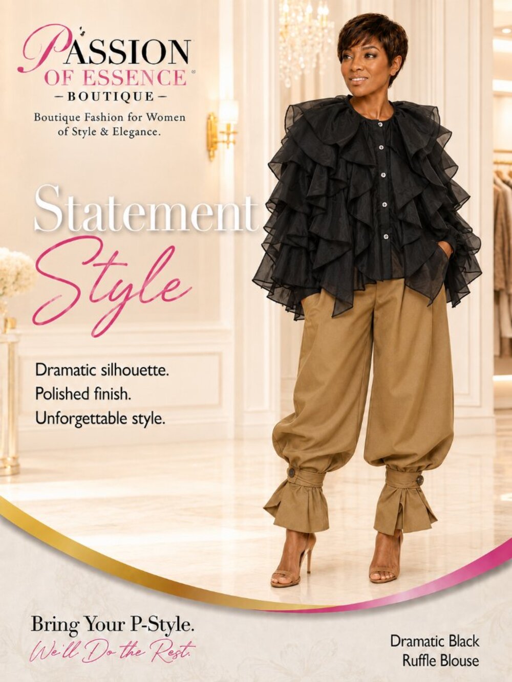 Dramatic Black Layered Ruffle Statement Blouse Women’s Size 14